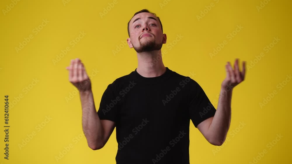 4k video of one man who asks about money over yellow background. 4k video of one man who asks about money over yellow background.