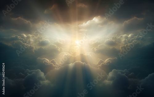 Fotografie, Obraz Heaven with clouds an beam of lights Generative AI