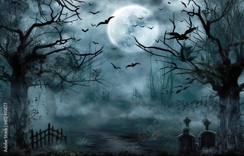 Halloween moonlit night landscape with cemetery copy space decoration. Greeting card  background or wallpaper. Halloween holiday concept. Generative AI.