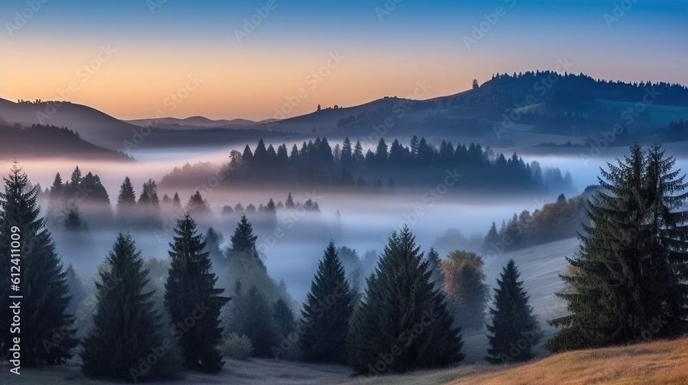 Obraz premium Rays of the morning sun breaking through the clouds and fog to the clearing of coniferous forests. Generative ai.