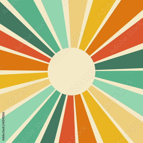 Let the sunshine in retro style illustration with colorful (orange, yellow, red, green) sun rays on pastel yellow background for summer lovers © anasztazia