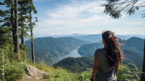 Girl on mountain peak looking at beautiful mountain valley in fog in summer. Landscape with sporty young woman, foggy hills, forest, sky. Travel and tourism. Hiking. Generative aI.