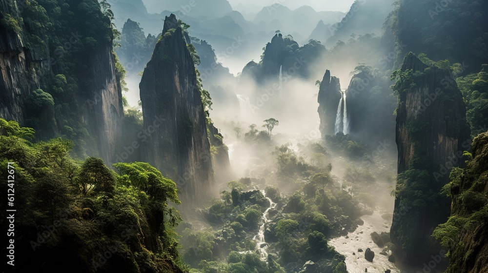 Mystical Misty Valley With Towering Waterfalls. Generative ai.