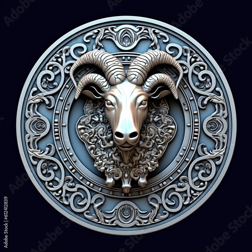 Aries Astrological Sign: Celtic Relief with Silver Filigree Ornament, the Emblem of the Zodiac in the Universe, Generative AI
