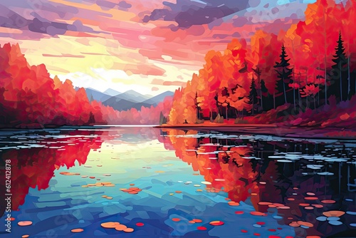 Beautiful Autumnal Foliage in Canada - A Red, Orange, and Yellow Digital Landscape Illustration, Generative AI