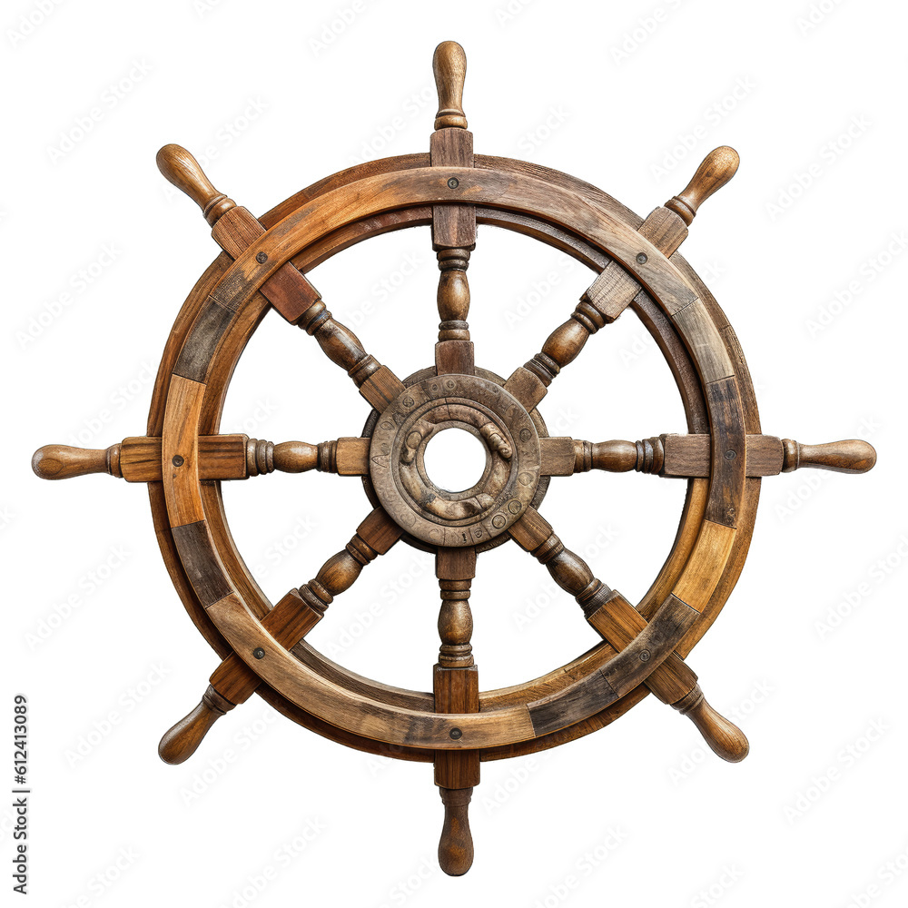 Steering hand wheel ship on transparent background. Old ship wooden steering wheel rudder - obrazy, fototapety, plakaty 