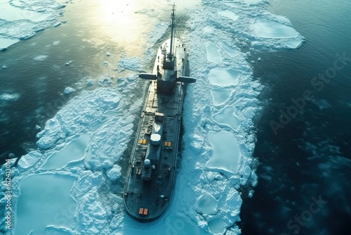 Spectacular Nuclear-Powered Military Submarine Majestically Sailing in Arctic's Northern Waters: An Aerial View. Generative AI