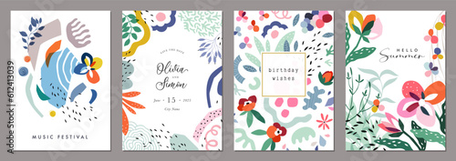 Creative universal art templates with abstract and floral elements. For poster, greeting and business card, invitation, banner, brochure, email header, post in social networks, events and page cover.