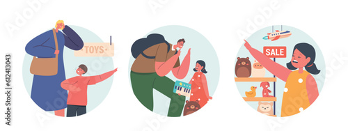 Isolated Round Icons or Avatars with Spoiled Children In A Store Pleading With Their Mother and Father To Purchase Toys