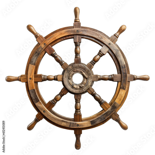 Steering hand wheel ship on transparent background. Old ship wooden steering wheel rudder