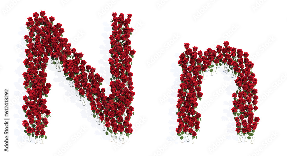 Concept or conceptual set of beautiful blooming red roses bouquets forming the font N. 3d illustration metaphor for education, design and decoration, romance and love, nature, spring or summer.