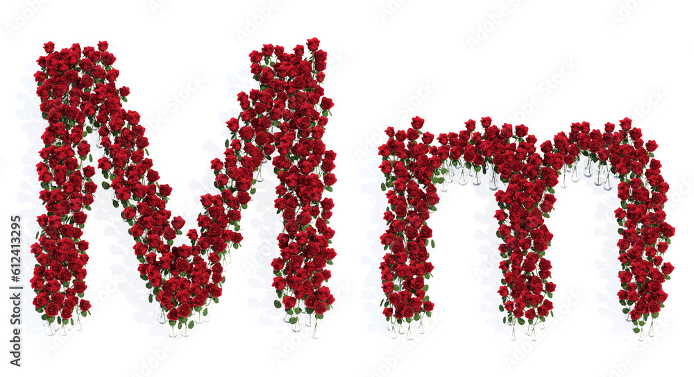 Concept or conceptual set of beautiful blooming red roses bouquets forming the font M. 3d illustration metaphor for education, design and decoration, romance and love, nature, spring or summer. Concept or conceptual set of beautiful blooming red roses bouquets forming the font M. 3d illustration metaphor for education, design and decoration, romance and love, nature, spring or summer.