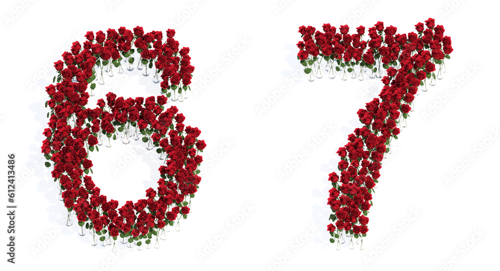 Conceptual set of beautiful blooming red roses bouquets forming the fonts  6 and 7. 3d illustration metaphor for education, design and decoration, romance and love, nature, spring or summer.