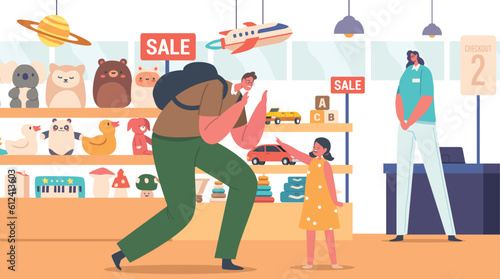 Uproarious Child Character In A Store Pleading With Their Parents To Purchase Toys. Energetic Scene, Vector Illustration