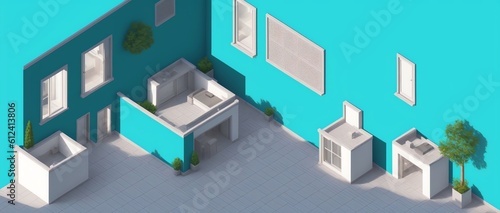 Isometric View of a terrace with teal walls in Cinematic lighting using Hatching style. Generative AI © Pixel Matrix