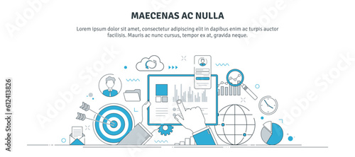 Vector illustration of planning business strategy, report analysis, work tasks, business plan and analyzing financial graphs. Thin line icons design.