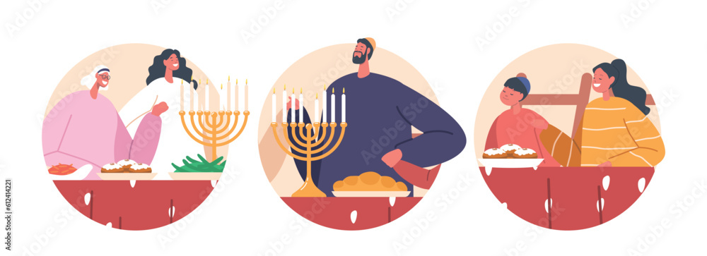 Isolated Round Icons Jewish Family Characters Gathered at Table, Bowing Their Heads In Prayer, Expressing Gratitude
