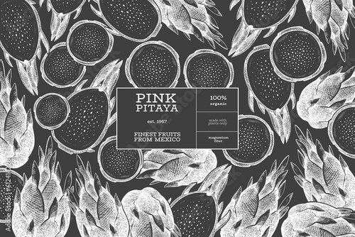 Hand drawn dragon fruit design template. Organic fresh food vector illustration on chalk board. Retro pitaya fruit banner.