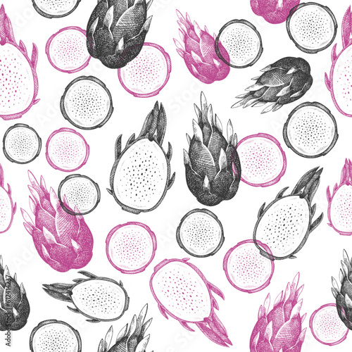 Hand drawn dragon fruit seamless pattern. Organic fresh food vector illustration. Retro pitaya fruit background.