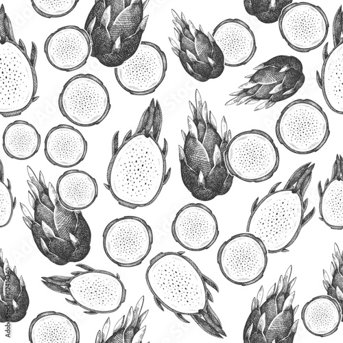 Hand drawn dragon fruit seamless pattern. Organic fresh food vector illustration. Retro pitaya fruit background.