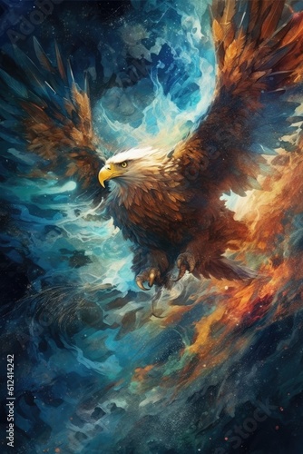 art eagle in space . dreamlike background with eagle . Hand Drawn Style illustration 