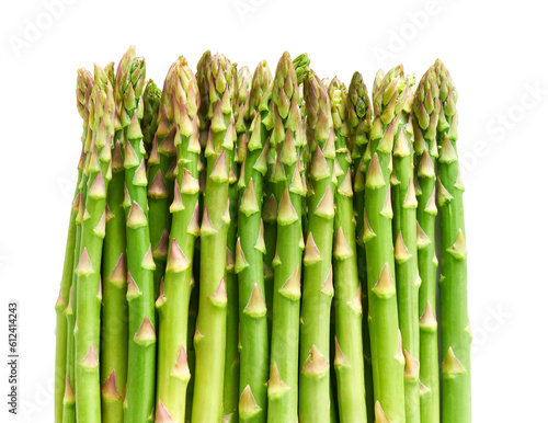 Close-up of green raw asparagus against white background with copy space. fresh green asparagus isolated.