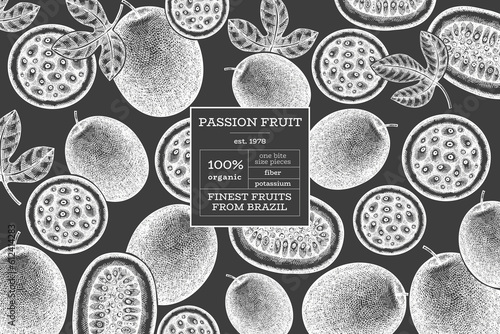 Hand drawn sketch style passion fruit banner. Organic fresh fruit vector illustration on chalk board. Retro exotic maracuya design template