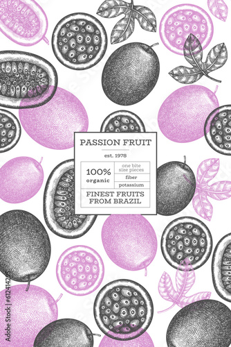 Hand drawn sketch style passion fruit banner. Organic fresh fruit vector illustration. Retro exotic fruit design template