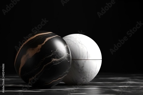  two marble balls sitting on top of a marble floor covered in black and white marble, one of which is marbled and the other is marbled.  generative ai photo