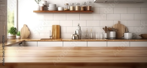 Kitchen room in Spacious Home. Wooden tabletop in a modern interior