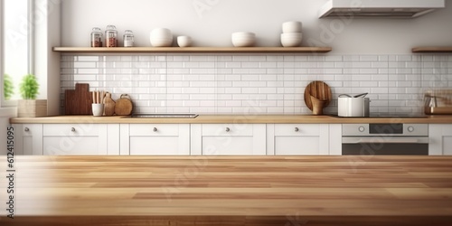 Kitchen room in Spacious Home. Wooden tabletop in a modern interior