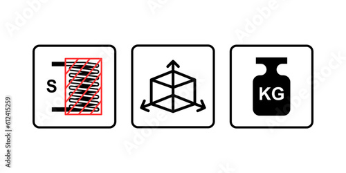 A simple illustration of the elements of the measurement concept in the form of icons, weight, volume, area. Black color on a white background. Vector.