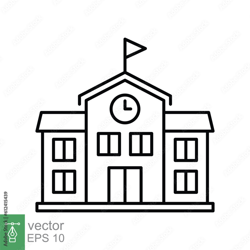 School building icon. Simple outline style. Campus, college, university, schoolhouse exterior, education concept. Thin line symbol. Vector illustration isolated on white background. EPS 10. School building icon. Simple outline style. Campus, college, university, schoolhouse exterior, education concept. Thin line symbol. Vector illustration isolated on white background. EPS 10.
