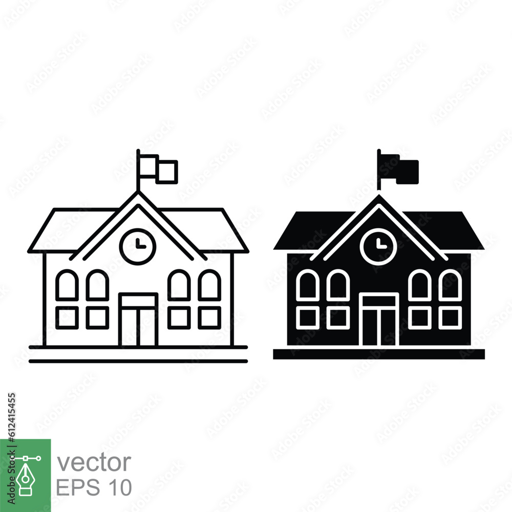 School building icon. Simple outline and solid style. Campus, college, university, schoolhouse, education concept. Thin line, glyph symbol. Vector illustration isolated on white background. EPS 10.