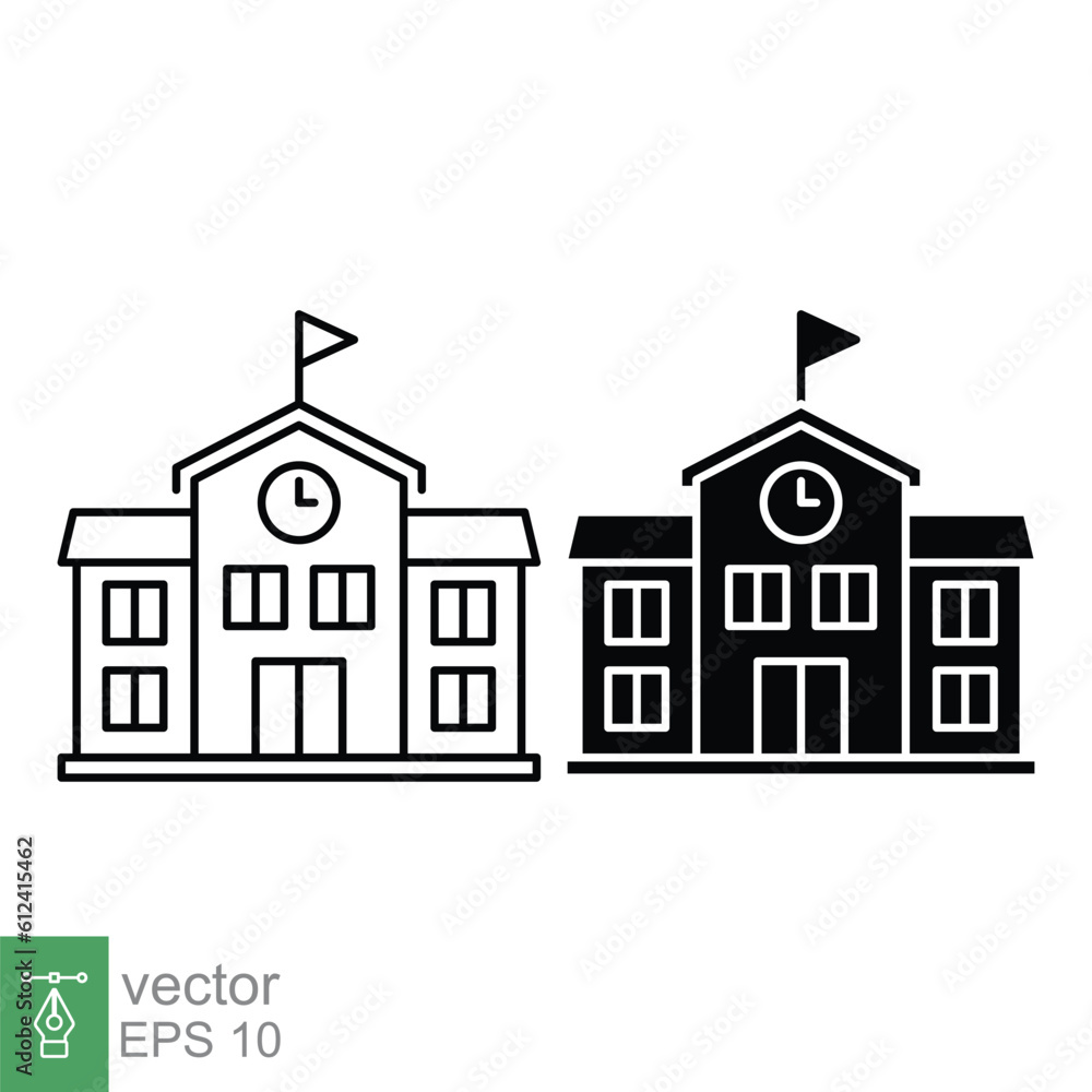 School building icon. Simple outline and solid style. Campus, college, university, schoolhouse, education concept. Thin line, glyph symbol. Vector illustration isolated on white background. EPS 10.