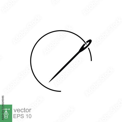 Sewing needle with thread icon. Simple solid style. Tailor, dressmaking, textile, circle, tailoring concept. Black silhouette, glyph symbol. Vector illustration isolated on white background. EPS 10.