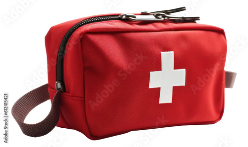 Red first aid medical kit bag isolated. Generative AI. photo