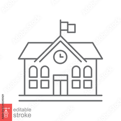 School building icon. Simple outline style. Campus, college, university, schoolhouse, education concept. Thin line symbol. Vector illustration isolated on white background. Editable stroke EPS 10.