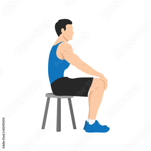 Man doing Seated in self. Athlete do lotus position. Full lotus. Sitting pose. Asana in yoga. Breath holding. Sunken abdomen. Flat vector illustration isolated on white background