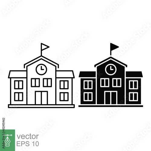 School building icon. Simple outline and solid style. Campus, college, university, schoolhouse, education concept. Thin line, glyph symbol. Vector illustration isolated on white background. EPS 10.