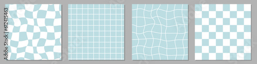 WebSet of abstract groovy hippie seamless patterns in blue colors. Distorted and twisted checkerboard, chessboard texture in trendy retro psychedelic style.