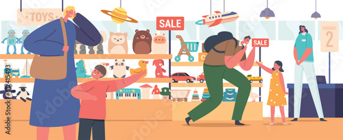 Hysterical Children Characters In Store Pleading Their Parents To Buy Toys. Their Intense Emotions Create Chaotic Scene