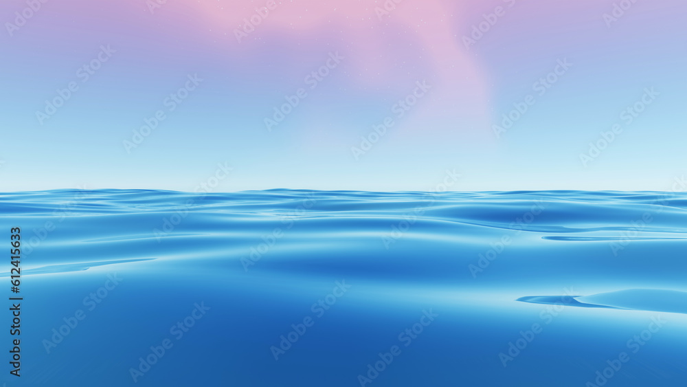 3d render Surreal blue wavy sea or ocean with pastel cloudy sky background, ocean surface with ripples, abstract landscape scene. 3d render Surreal blue wavy sea or ocean with pastel cloudy sky background, ocean surface with ripples, abstract landscape scene.