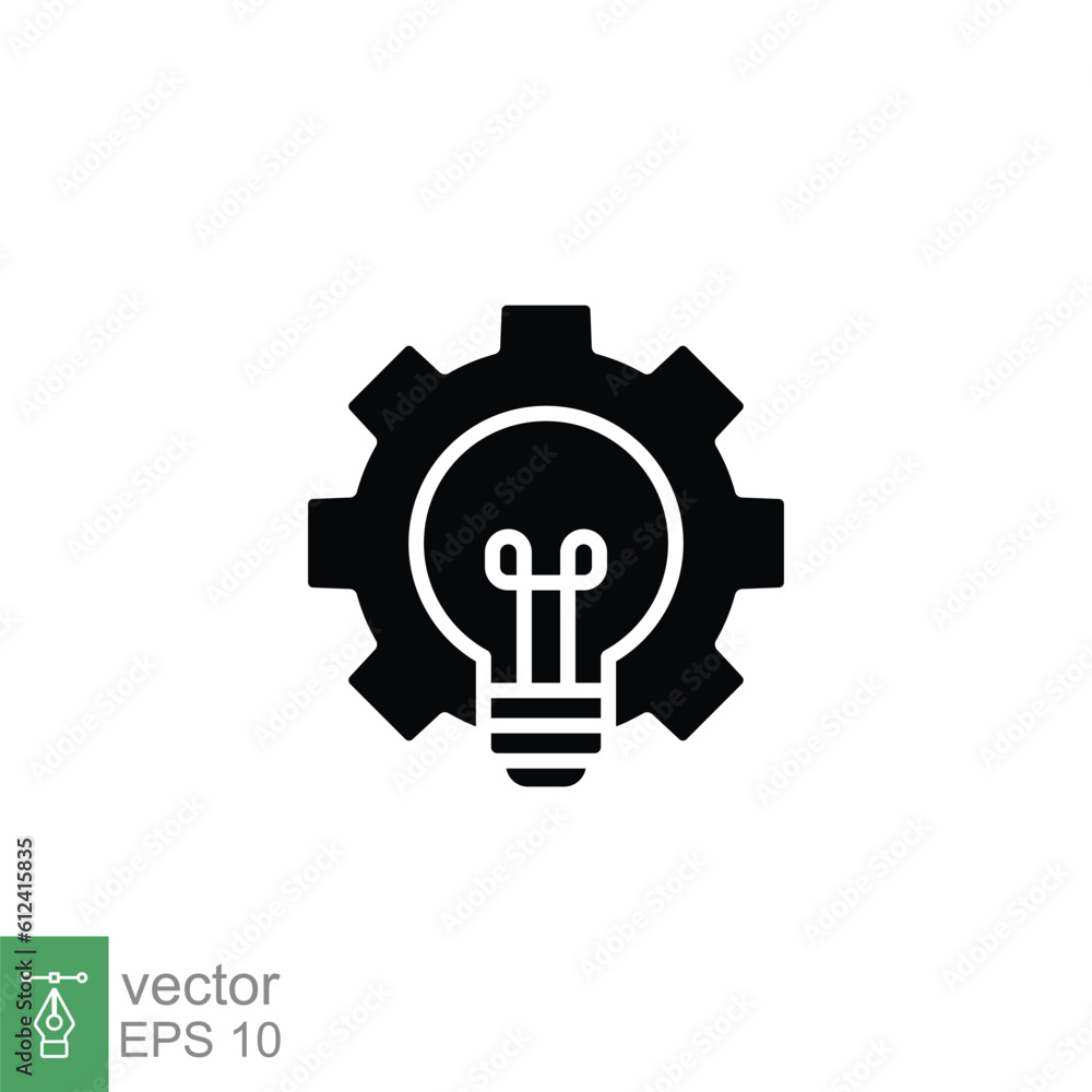 Bulb in gear icon. Simple solid style. Lightbulb with cog, creative, innovation energy, technology concept. Black silhouette, glyph symbol. Vector illustration isolated on white background. EPS 10. Bulb in gear icon. Simple solid style. Lightbulb with cog, creative, innovation energy, technology concept. Black silhouette, glyph symbol. Vector illustration isolated on white background. EPS 10.