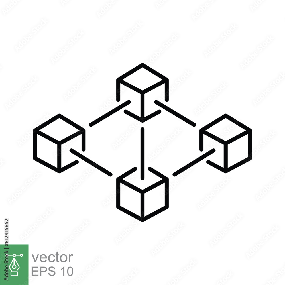 Blockchain structure icon. Simple outline style. 3d cube, square, transaction network, technology concept. Thin line symbol. Vector illustration isolated on white background. EPS 10. Blockchain structure icon. Simple outline style. 3d cube, square, transaction network, technology concept. Thin line symbol. Vector illustration isolated on white background. EPS 10.