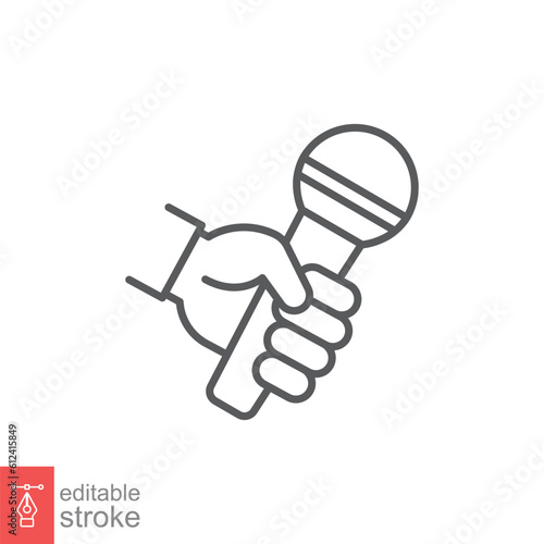 Hand holding microphone icon. Simple outline style. Interview, journalist, press media, reporter concept. Thin line symbol. Vector illustration isolated on white background. Editable stroke EPS 10.