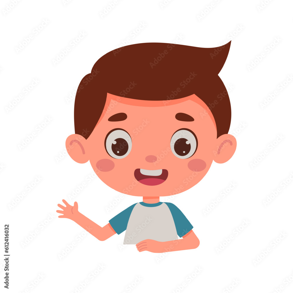 Cute cartoon little boy waving his hand. Little schoolboy character. Template for children design. Vector illustration Cute cartoon little boy waving his hand. Little schoolboy character. Template for children design. Vector illustration