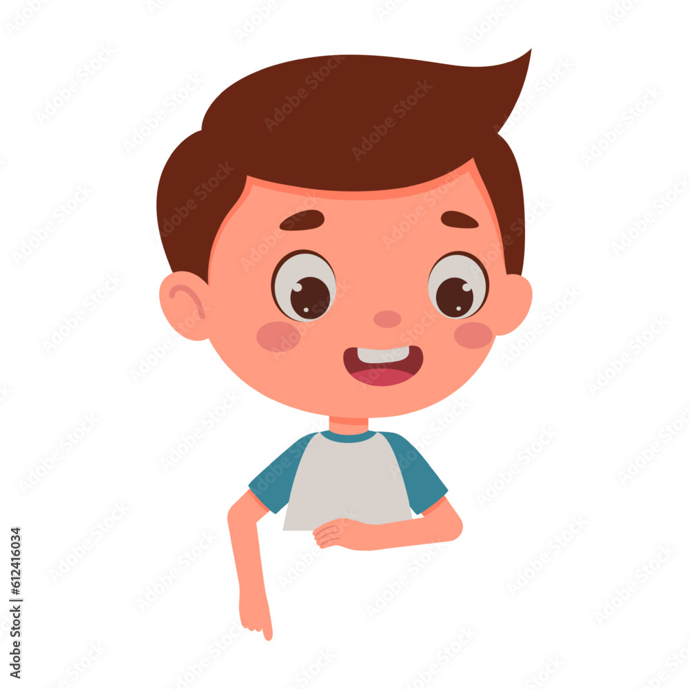 Cute little boy points his finger at the empty poster. Template for children design. Cartoon schoolboy character. Vector illustration Cute little boy points his finger at the empty poster. Template for children design. Cartoon schoolboy character. Vector illustration