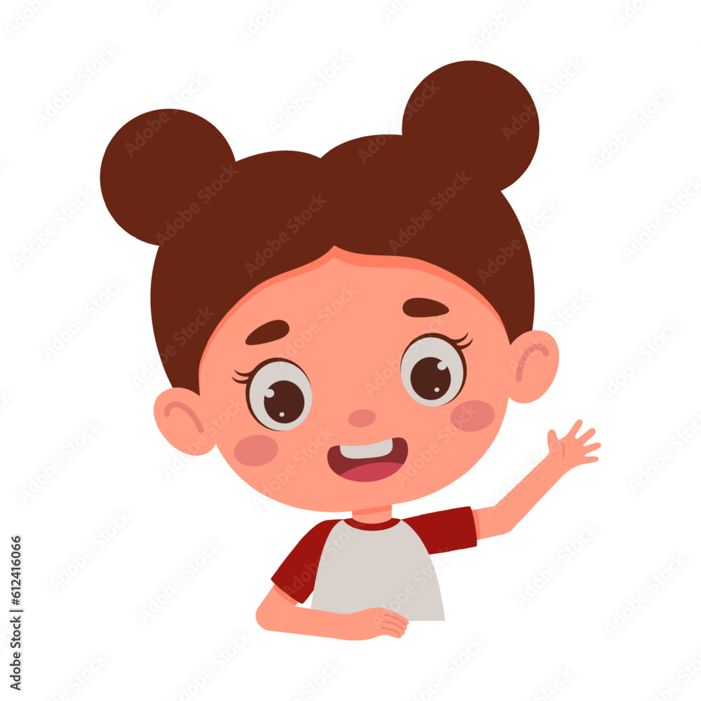 Cute cartoon little girl waving his hand. Little schoolgirl character. Template for children design. Vector illustration Cute cartoon little girl waving his hand. Little schoolgirl character. Template for children design. Vector illustration