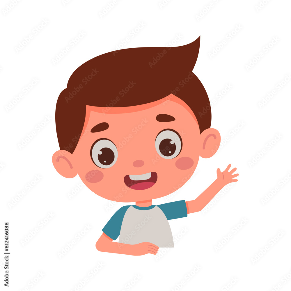 Cute cartoon little boy waving his hand. Template for children design. Little schoolboy character. Vector illustration Cute cartoon little boy waving his hand. Template for children design. Little schoolboy character. Vector illustration